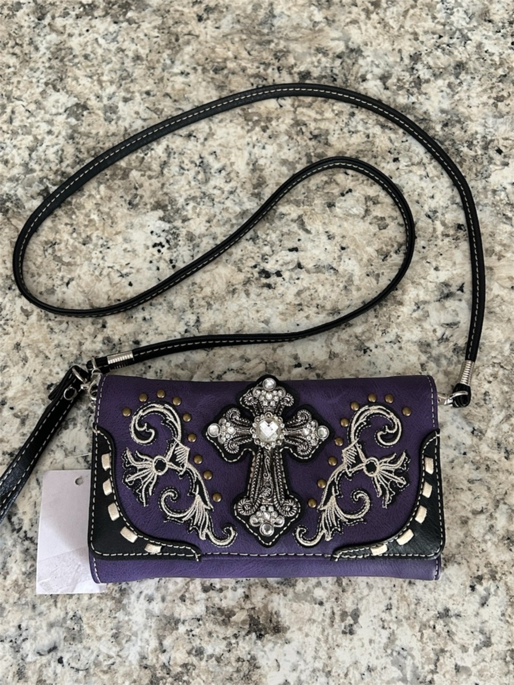 NWT Justin West Trifold Purple Wallet Wristlet Crossbody Rhinestone Cross Boho